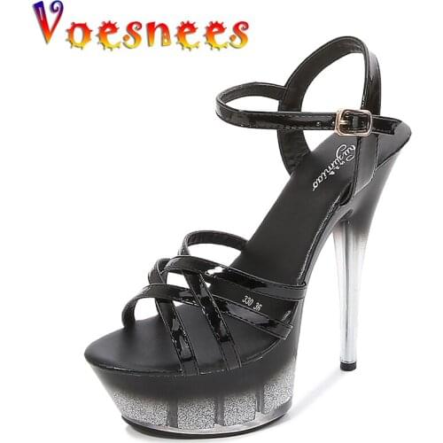 Voesnees Patent Leather Women Shoes Sexy Stripper Woman Bling Platform Heels Sandals 2021 15cm High Heels Female Wedding Shoes