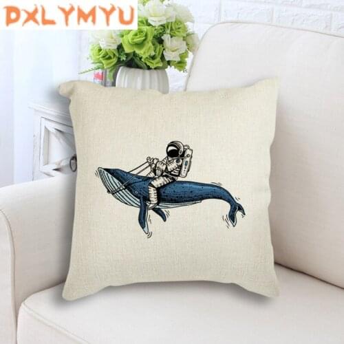 Throw Pillow Case Black White Astronaut Rocket Moon Bicycle Printed Cushion Cover for Sofa Linen Cotton Pillow Covers