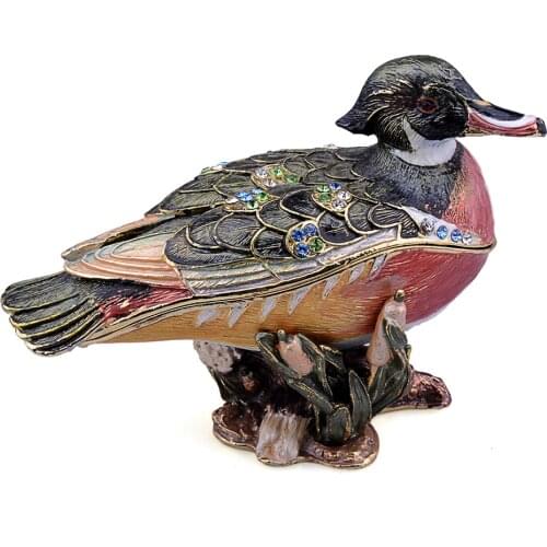 Enameled Pewter Bejeweled Large Wood Duck Trinket Box Ring Holder