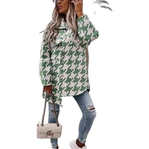 2021 Hot-Selling Womens Autumn And Winter New Fashion Loose Long-Sleeved Houndstooth Woolen Coat