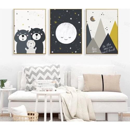 Kawaii Bear Baby Animal Canvas Print Moon Nursery Wall Art Painting Quotes Print Nordic Poster Wall Picture Baby Kids Room Decor