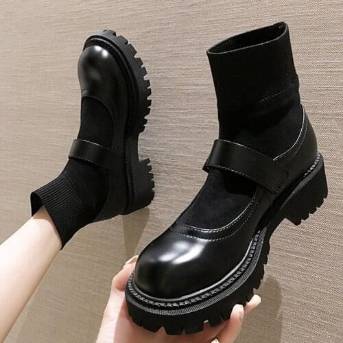 College Girls stretch sock boots women round toe chunky heels riding boots platform boots buckle band knitting botas women shoes
