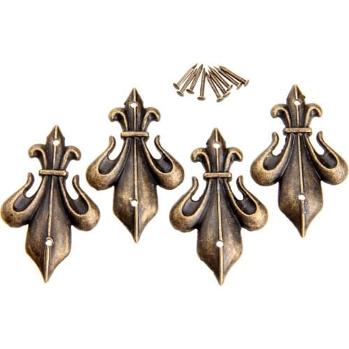 4Pc Vintage Corner Protector Antique Brass Furniture Decorative Corner Brackets Jewelry Box Wood Case Feet Leg Protector w/Screw