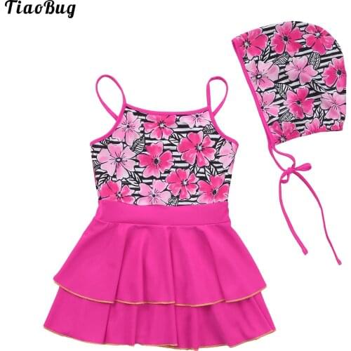 TiaoBug Summer 2Pcs Kids Girls Swimming Suit Adjustable Straps Sleeveless Open Upper Back Layered Dress With Hat Beach Swimwear