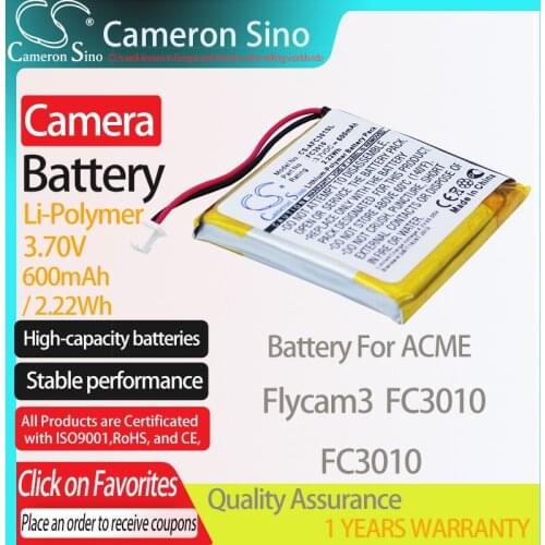 CameronSino Battery for ACME Flycam3 FC3010 fits ACME FC3010 camera battery 600mAh/2.22Wh 3.70V Li-Polymer Black
