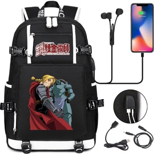 Fullmetal Alchemist Zipper Backpack School Bags for Teenagers Bookbag Unisex Cartoon Student USB Travel Laptop Shoulders Bags
