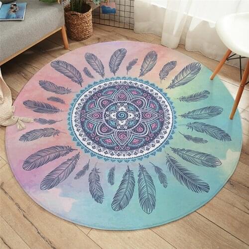 Fashion Mandala Round Carpet Kids Room Bohemian Feathers Area Rugs Mat Pink and Blue Tapete For Living Room Round Carpet-001