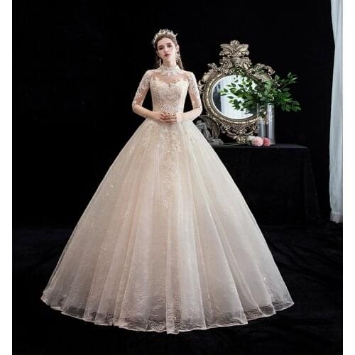 Wedding Dress New Full Sleeve High Neck Champagne Ball Gown Princess Vintage Lace Embridery Wedding Dresses Plus Size