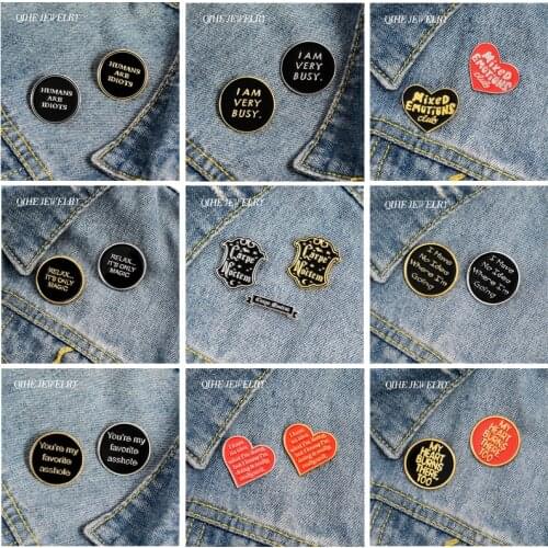 QIHE JEWELRY Wholesale 2-3pcs/set Funny Phrase Metal Enamel Pins Fashion Heart Brooches Punk Badges Cool Gifts for Couple Friend