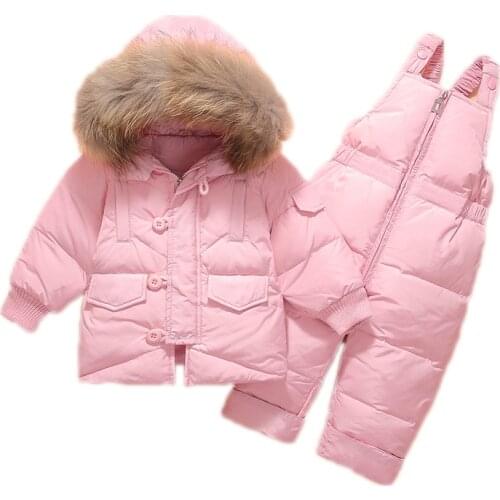 1-3y Baby Boys Snowsuits Childrens Down Jacket Winter Clothes Overalls Solid Color Big Fur Hooed Zipper Fashion Down Jacket Set
