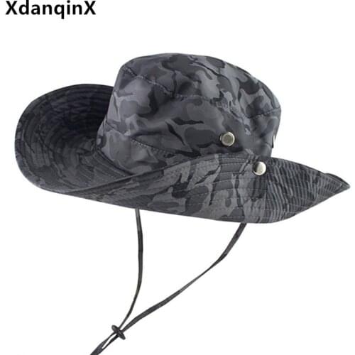 XdanqinX New Summer Mens Bucket Hat Couple Camouflage Fishing Cap Wind Rope Fixed Multicolor Womens UV Protection Beach Hats
