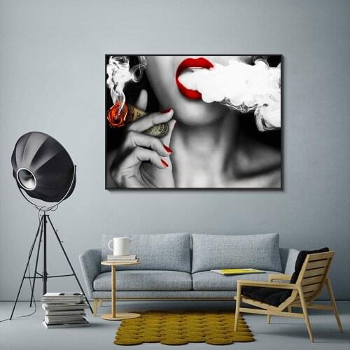 Sexy Red Lips Woman with Money Print Wall Art Oil Painting Picture on Canvas No Frame Creative Idea Canvas Art Home Decoration
