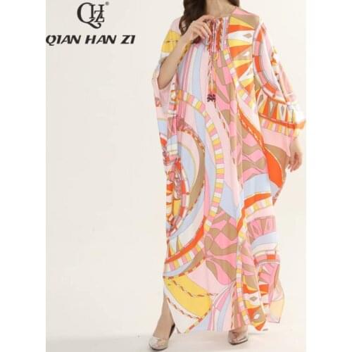 Qian Han Zi 2020 designer fashion runway maxi dress Womens Bat Sleeve Pattern Printed Loose Vacation Beach Long Dress
