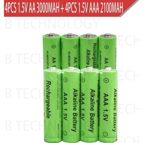 4pcs 1.5V AA 3000mah Alkaline Rechargeable battery + 4pcs 1.5V AAA 2100mAh Alkaline battery for led light toy mp3 Free shipping
