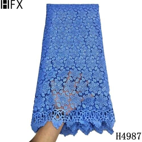 HFX Blue African Lace Fabric 2021 High Quality Nigerian Guipure Lace With Sequing French Cord Lace Fabric Wedding 5 Yards