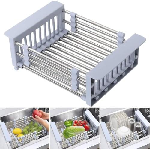 Kitchen Dish Drying Rack,Over Sink Telescopic Stainless Steel Dish Rack/Drainer,Adjustable Vegetable Fruit Drain Basket For Sink