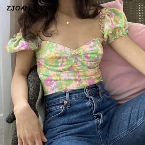 90s Vintage Green Yellow Floral Print Short Sleeve Tee Base T-shirts Cool Girl Front Ruched Slim T-shirt Crop Top