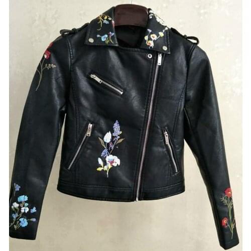 Women Fashion Floral Embroidered Jacket Girl Long Sleeve Faux Leather PU Short Motorcycle Coat Female Black Streetwear Outfits