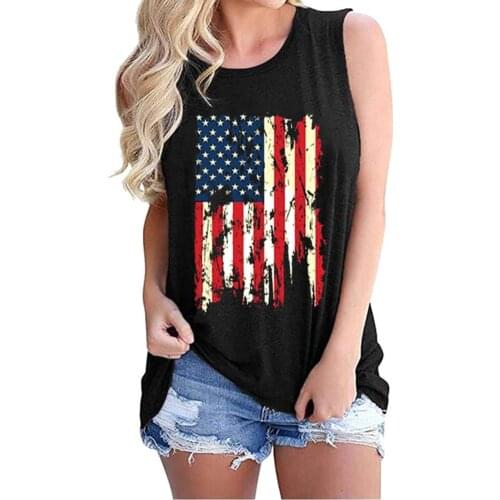 Women Summer Casual Blouse T-shirt O Neck Sleeveless American Flag Print Cotton Top Sleeveless Striped Top Camisetas Verano