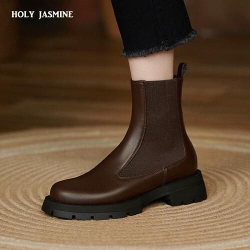 2022 New Ankle Boots for Women Thick Bottom Round Toe Genuine Leather Boots Black Brown All-match Botas Feminina Platform Shoes
