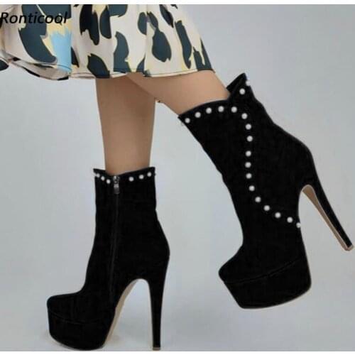 Ronticool Women Platform Ankle Boots Side Zipper Sexy Stiletto Heels Round Toe Gorgeous 8 Colors Party Shoes Plus US Size 5-20