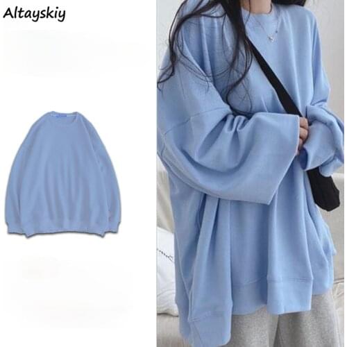 Women No Hat Hoodies Solid Candy Colors Long Sleeve Loose Sweet Fresh O Neck Sweatshirts Spring Korean Style All-match Students