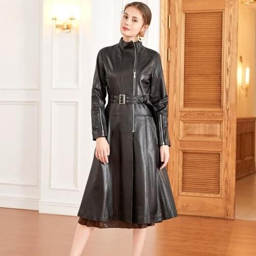 Women Genuine Leather Long Jacket Real Sheepskin Trench Coat Belt Luxury Brand Autumn Winter Office Ladies Elegant Coat Dress