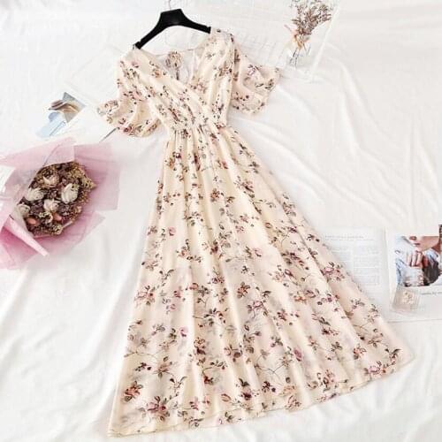 2021 Summer High Waist Sexy V-neck Floral Dress Vintage Printed Ruffle Mid-length Chiffon Dress Ladies Bohemia Beach Dresses