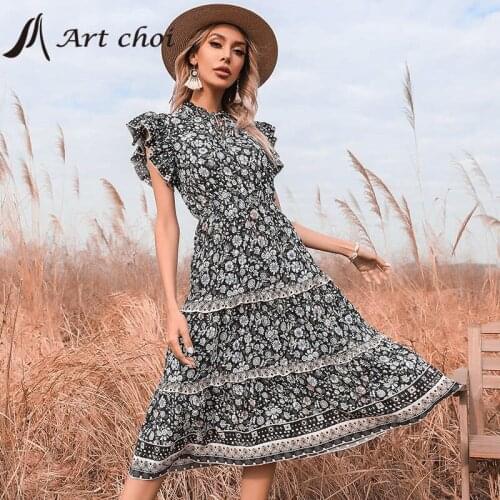 Elegant Women Long Ruffles Floral Dress Skirt Summer Vintage A-Line Flared Sleeves Black Ladies Bandage Bodycon Party Vestido