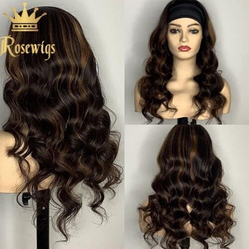 Abijale Curly Wave Natural Black Highlight Headband Wig Human Hair Brazilian Body Wave Machine Made Wigs With Head Band No Glue