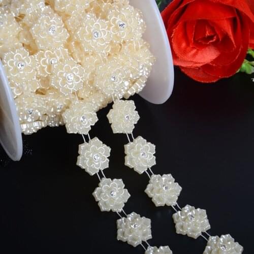BOLIAO 1 Yard 18mm (11/16") Width Flower Shape ABS Plastic Imitation Pearl With 4mm Rhinestones Chain Trim DIY Craft R2012