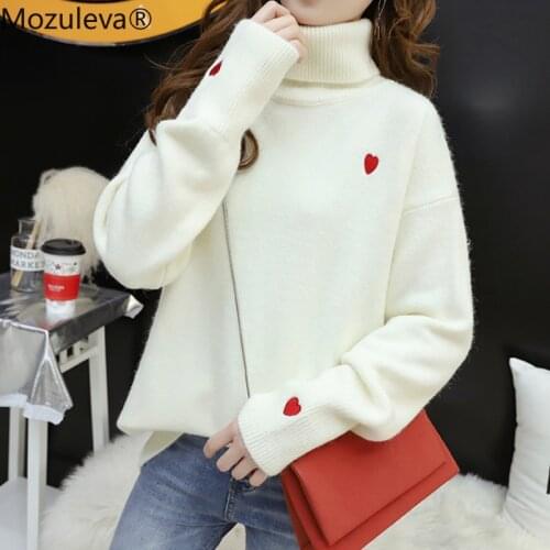 Bornladies 2020 Autumn Winter Long Sleeve Warm Knitted Pullover Sweater Turtleneck Female Oversize Thick Sweater Printed Heart