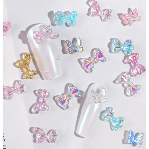 10 Pcs Holographic Butterfly/Bow/Bear/Daisy Flowers Designs Nail Art Decoration 3D Aurora Bowknots for Manicure Accessories Tool
