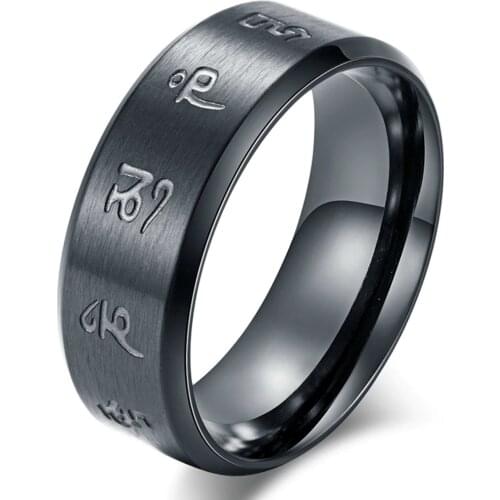 FntYcm Tibetan Buddhism Men Black Scripture Letter Stainless Steel Ring Anel De Caveira Man Rings High Quality Anniversary Ring