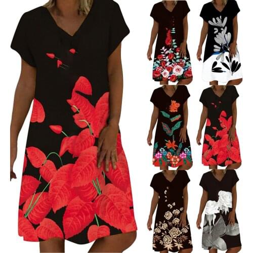 Summer WomenS Dress New Casual Fashion V-Neck Plant Flower Print Short-Sleeved Dress Multi-Color Optional платье летнее 50