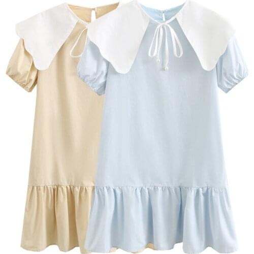 Japanese Style Sweet Teens Dresses Cloud Collar Solid Color Short Sleeve Mini Dress For Teenage Big Girls 14-18 Years Old Wear