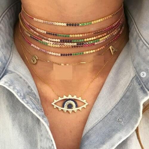 New arrived gold color necklace with rainbow cz tennis chain colorful cz charm choker with tiny link chain necklace jewelry