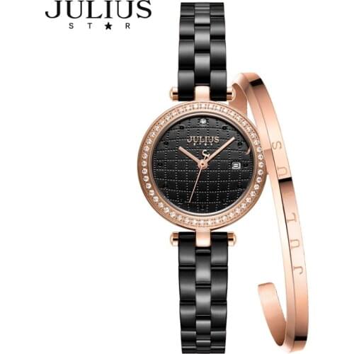 New Auto Date Julius Sapphire Womens Watch Japan Mov't Hours Elegant Fashion Clock All Stainless Steel Bracelet Girls' Gift Box