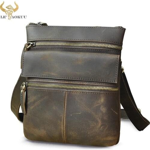Thick Crazy Horse Leather Male Vintage School Messenger bag Design Satchel Book Cross-body Shoulder bag 8" Tablet Case Men 302