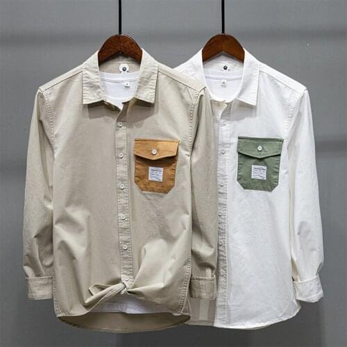 Men Casual Shirt Pocket Shirts Mens Simple Long Sleeve Solid Color Mens Coat Cotton Shirt Cotton Camisa Masculina Blouse Men