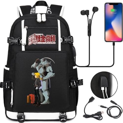 Backpack Fullmetal Alchemist Zipper School Bags For Teenagers Cartoon Bookbag Unisex Student USB Travel Laptop Shoulders Bags
