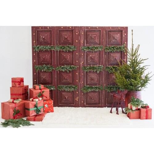 Happy New Year Christmas Backdrop Red Gift Boxes Tree Outdoor Background Xmas Noel Party Banner Winter Wood Door Portrait Poster