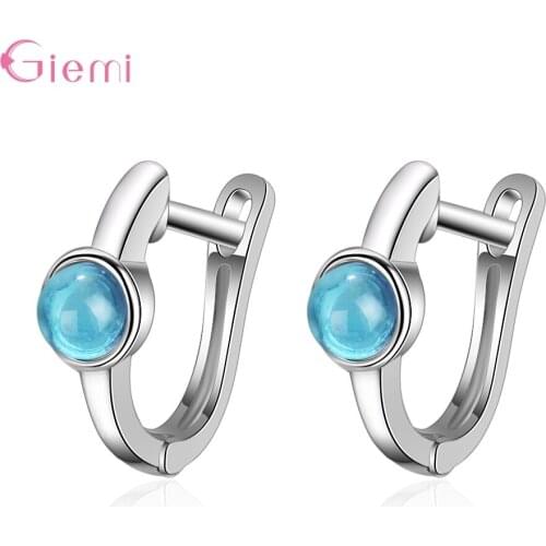 925 Sterling Silver Round Stone Blue Fire Opal Hoop Earrings For Women Girl Zircon Moonstone Circle Earring Fine Jewelry