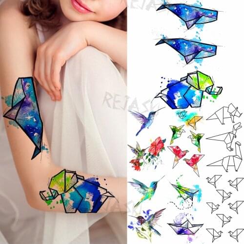 Watercolor Whale Elephant Temporary Tattoos For Kid Women Hummingbird Paper Crane Realistic Animal Fake Tattoo 3d Washable Tatoo