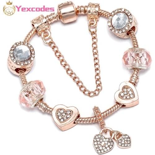 Yexcodes Rose Gold Charm Women Bracelet DIY Heart-shaped Beaded Pendant Fashion Bracelet Jewelry Gift Direct Shipping