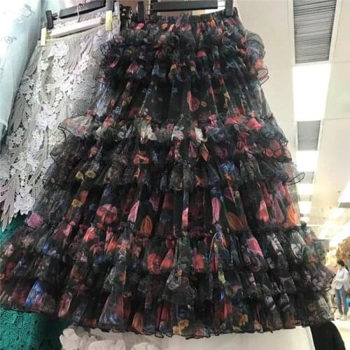 Summer New Mesh Floral Layered Bubble Skirt for Women High Waist Slim Fit Sweet All-Matching Cake Skirts Femme Jupe