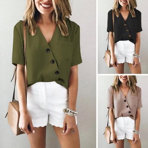Office Lady Solid Color Shirt V Neck Short Sleeve Buttons Pockets Blouse T-shirt Summer Loose Casual Ladies Shirt Plus Size