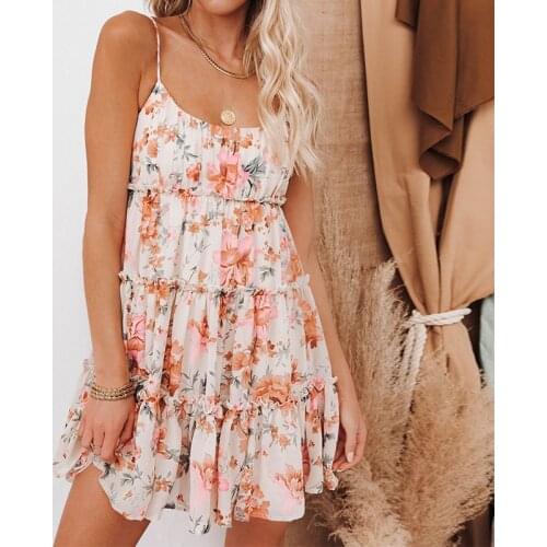 2021 New Boho Summer Spaghetti Strap Floral Print Dress Casual Chiffon Mini Dress Female Ruffle Short Beach Holiday Vestidos