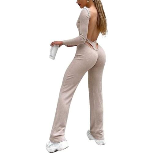 Winter Long Sleeve Brown Sexy Bodycon Jumpsuit Women Romper One Piece Outfit Back Hollow Out Jumpsuit Female Ladies Wholesale