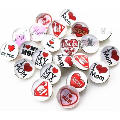 18mm Random I Love MoM Snap Button Print Glass Snap Buttons Charms Fit DIY Snap Bracelet Jewelry Mothers Day Gift
